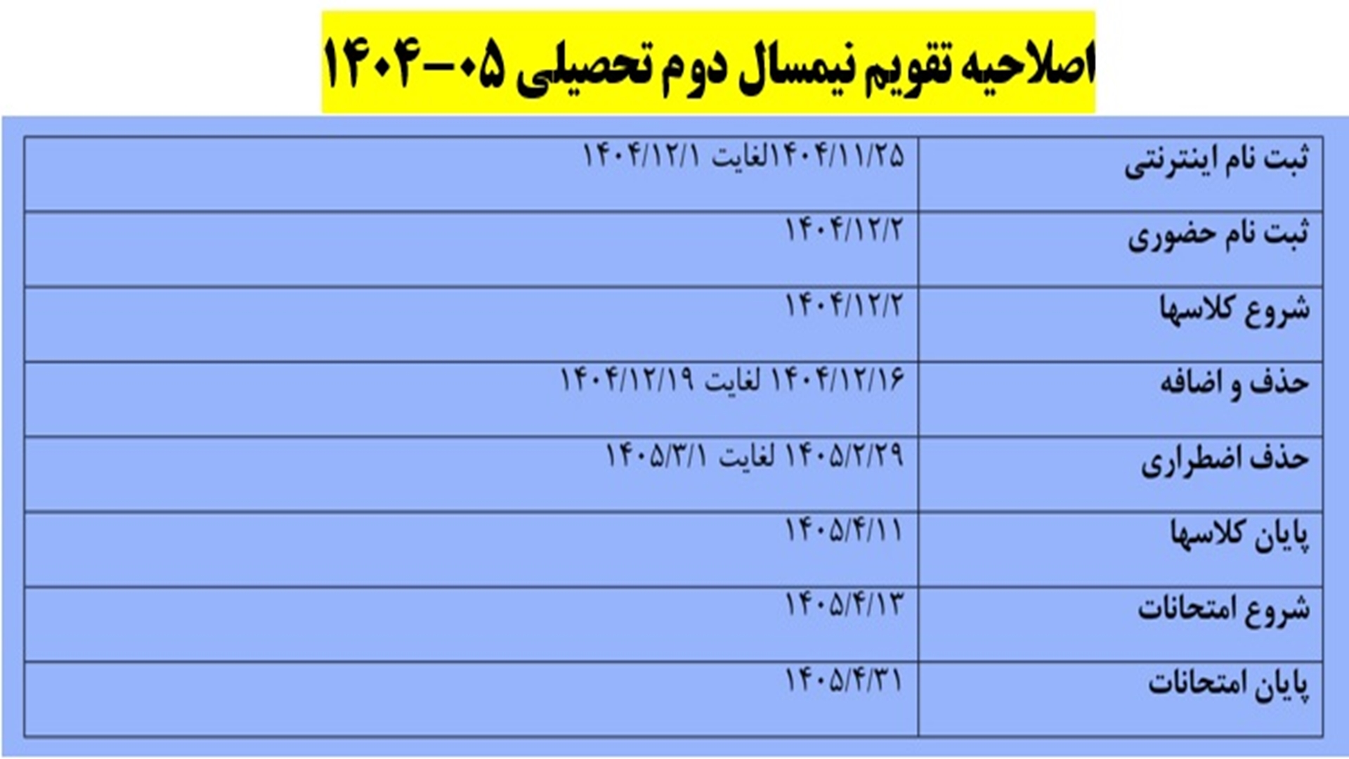 اصلاحیه تقویم نیمسال دوم تحصیلی 05-1404